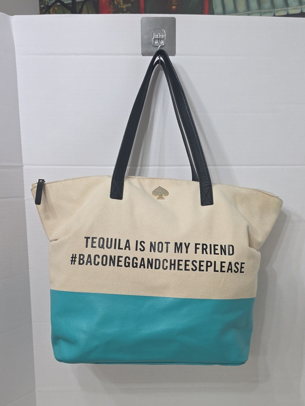 Kate spade Canvas Tote in Cream, Turquoise & Black with Printed Slogan